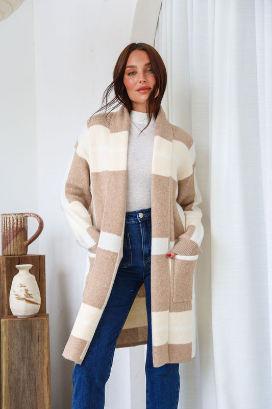 Addie Checkered Cardigan - Latte