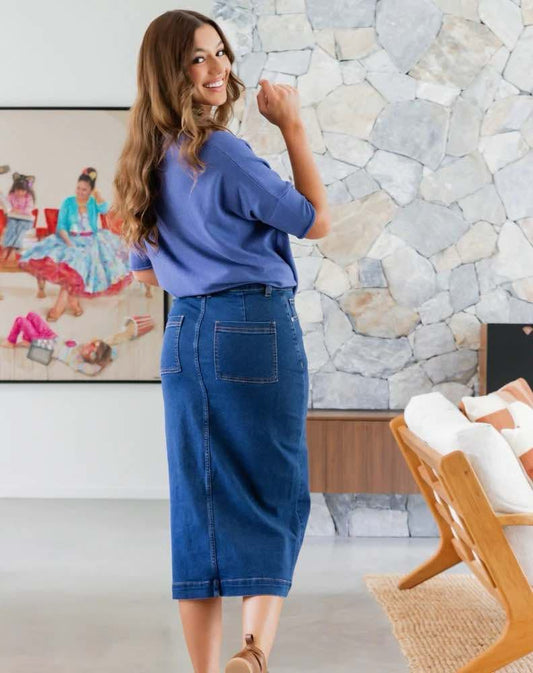 Rita Stretch Denim Midi Skirt